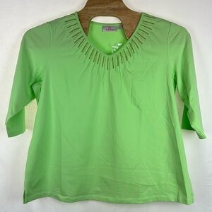 Quacker Factory Top 1X V-Neck Beading 3/4 Sleeves Green‎ New Embellished